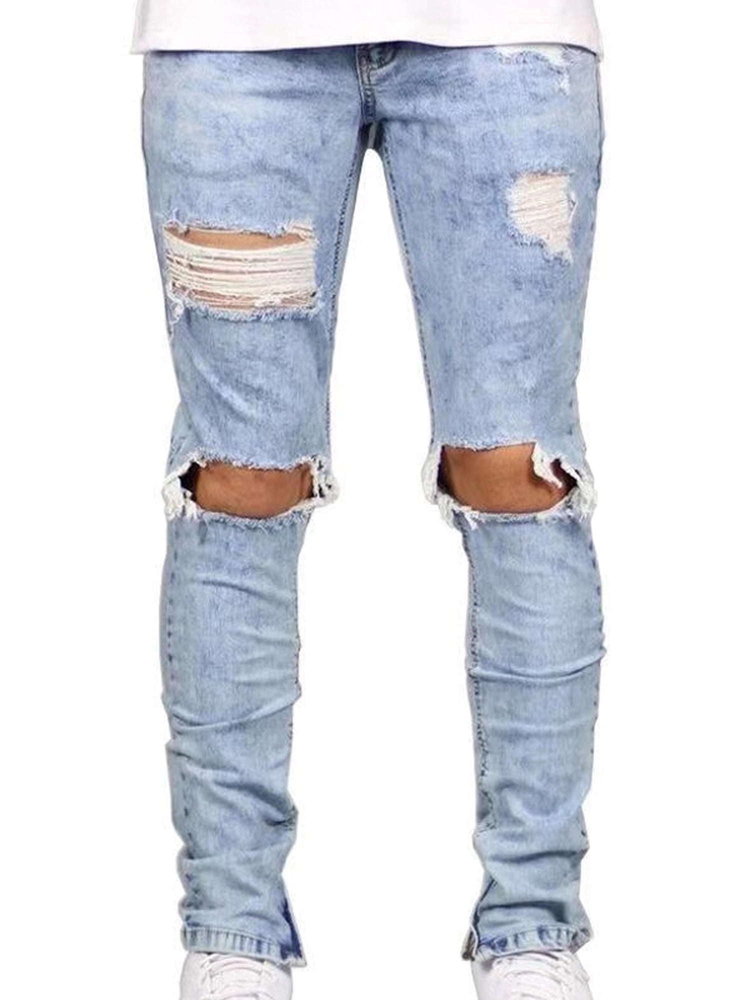 Wodstyle Men's Running Tights Skinny Ripped Trousers Frayed Jeans