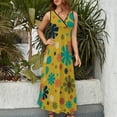thumbnail image 4 of Flowerama - Retro s s Floral Pattern in Mid Mod Turquoise Teal Khaki Green Orange Beige and Mustard Sleeveless Dress, 4 of 6