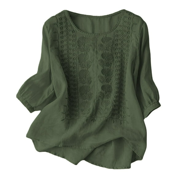 XUELUO Boho Tops For Women Autumn Winter Floral Embroidered Solid Color Crew Neck Long Sleeve Loose Casual Shirts For Women Tee Shirts Activewear,Green,XL
