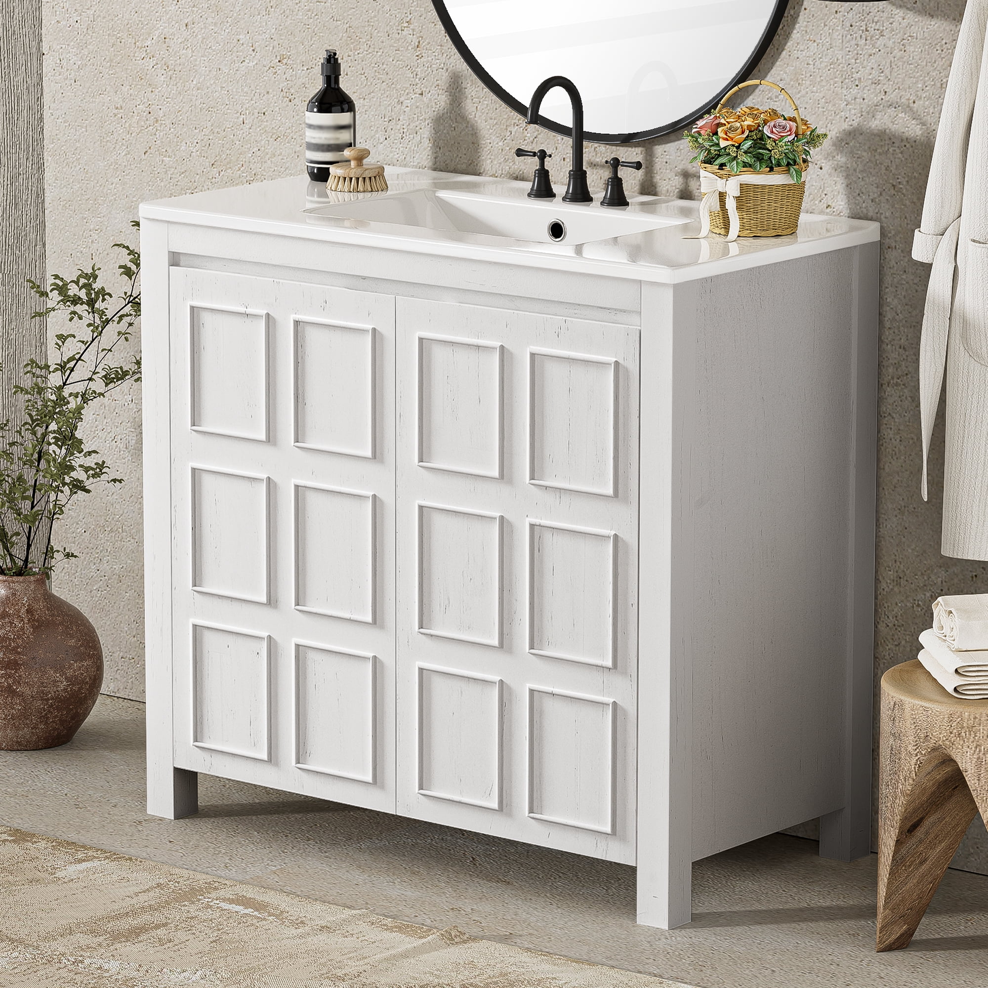 Euroco 36 " Bathroom Vanity Organizer with Ceramic Sink, Set Bathroom Storage Cabinet,Antique White