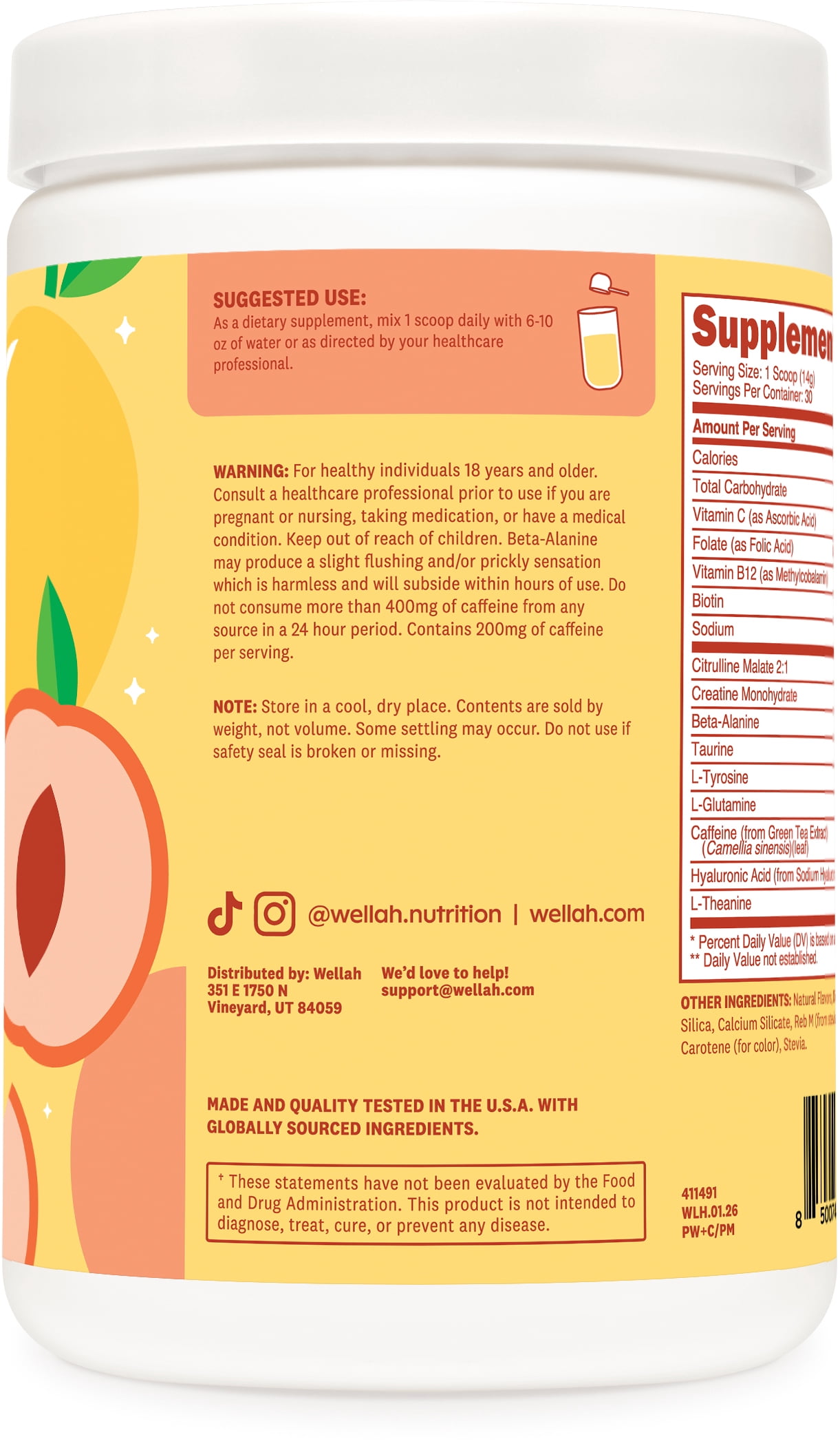 Wellah Pre-Workout + Creatine Powder (30 Servings) Peach Mango - 200mg Caffeine, 3g Creatine Monohydrate, 5g Citrulline Malate, Pre-Workout with Creatine Supplement