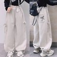 thumbnail image 5 of Pandaie Girls Bow Tie Wide Leg Sweat Pants Elastic High Waist Loose Fit Soft Fabric for Daily Casual Outfits White,9-10 Years, 5 of 8