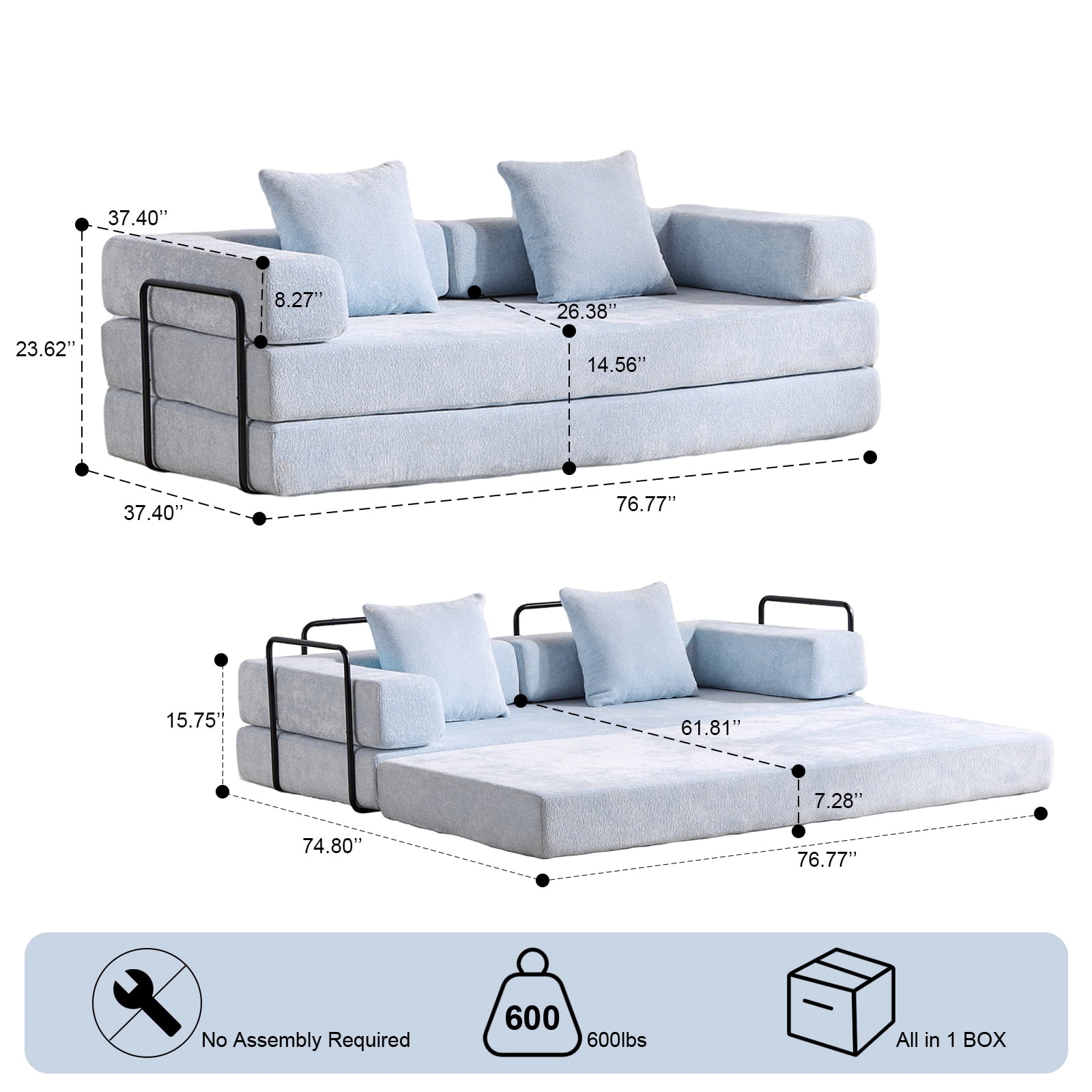 Miniyam 4 in 1 Convertible Floor Sofa Bed, Chenille Floor Couch with Armrest, Pillow for Living Room, Sky Blue