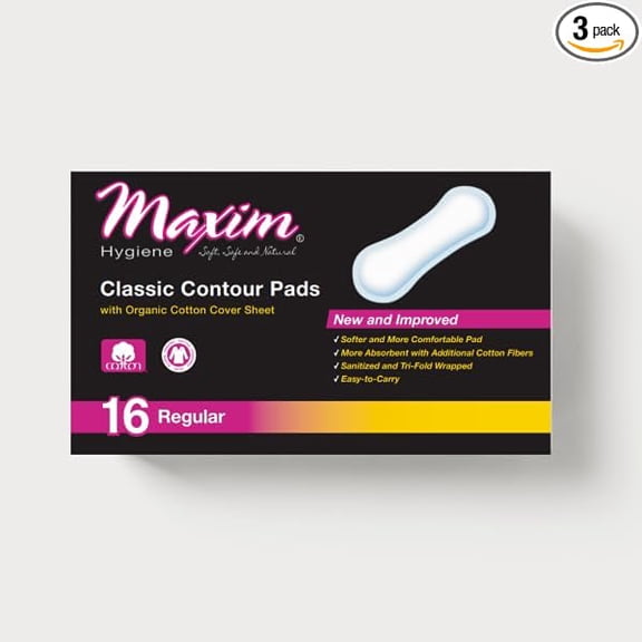 MaxION® 100% Organic Cotton Contour Pads, 48 Count (3 Packs of 16) | Regular Absorbency Wingless Sanitary Napkins with Silver Ion & Tourmaline Odor Protection, Ultra Thin Period Pads