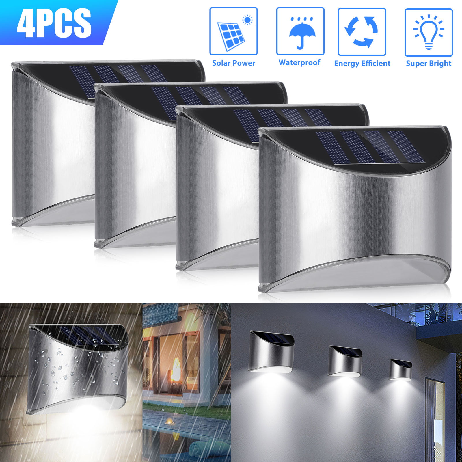 2PCS LED Solar Powered Light Stainless Steel Fence Outdoor Garden Wall Lamp 