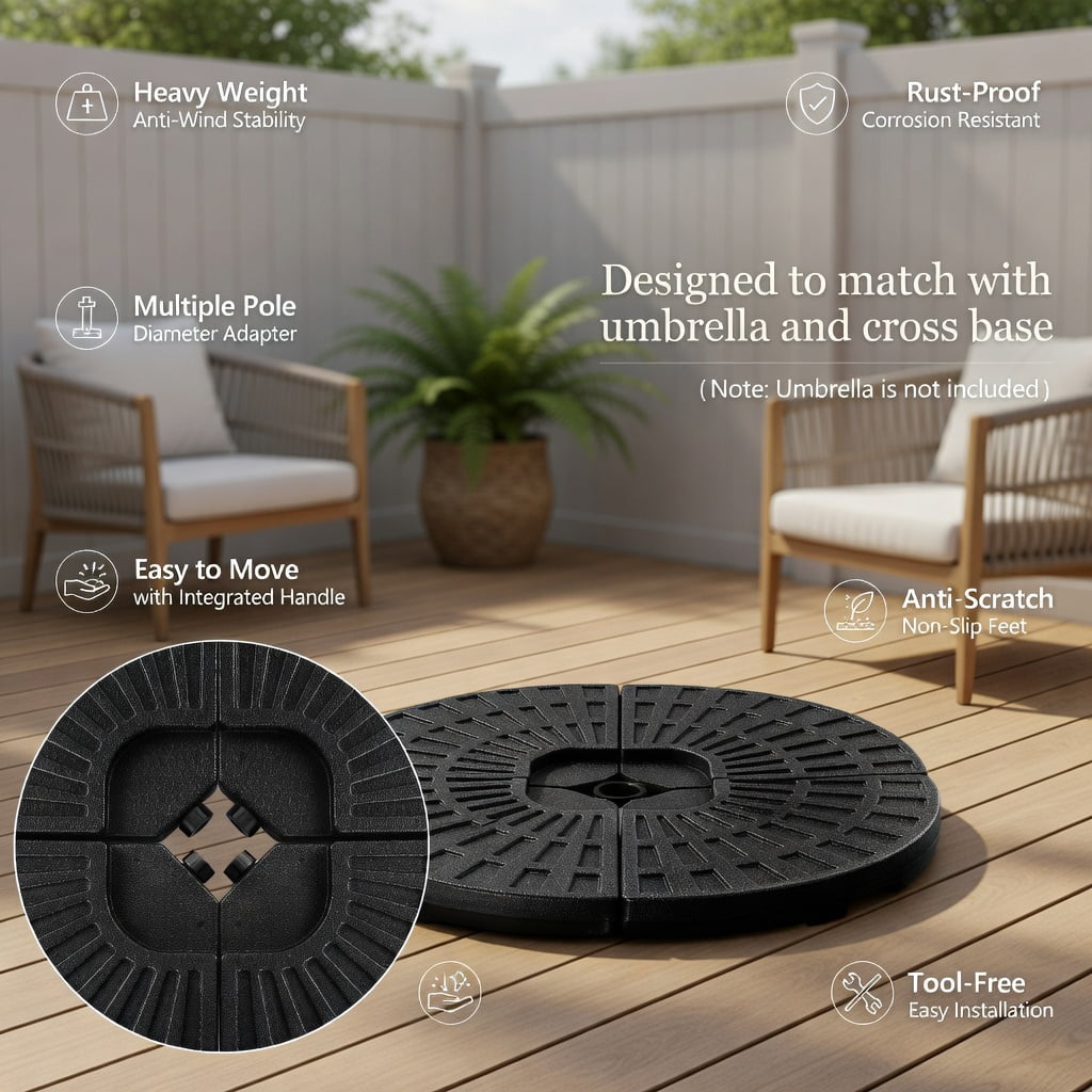 Resenkos Outdoor Umbrella Base, 4 Pieces Round Cantilever Umbrella Base with Carry Handles for Garden, Black