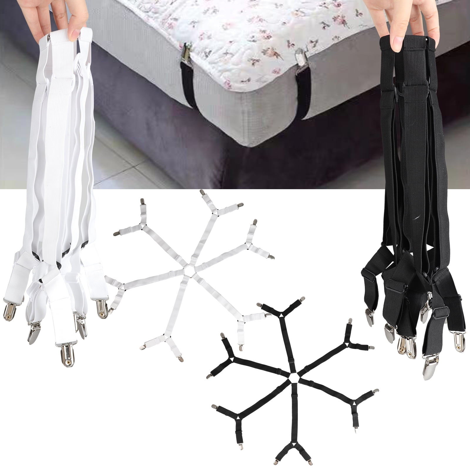 The Nyche Designs Crisscross 2 Way Adjustable Bed Sheet Straps Suspenders Grippers Fasteners for All Bedsheets Fitted Sheets Flat Sheets Set of 2, Black