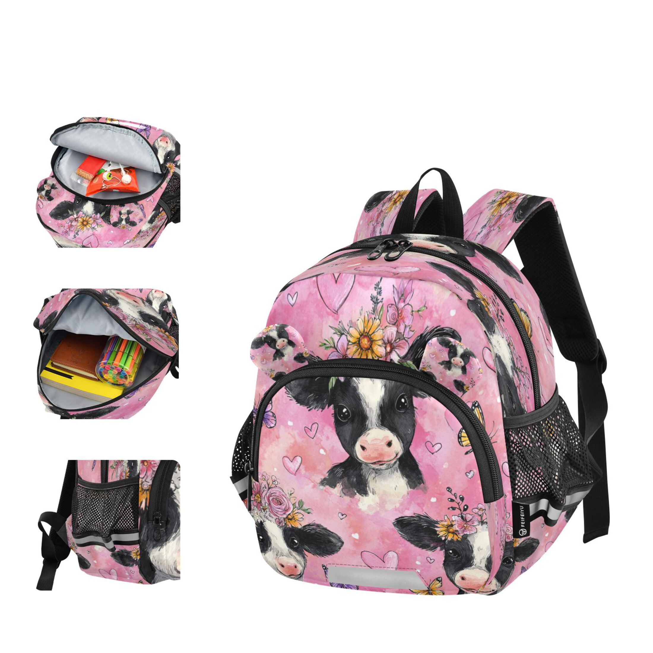 RMDQTR Adorable Ear-Print Backpack with Reflective Strip and Anti-Lost Leash Adjustable Shoulder Straps Mini Travel Backpack Cute Baby Cows with Flowers