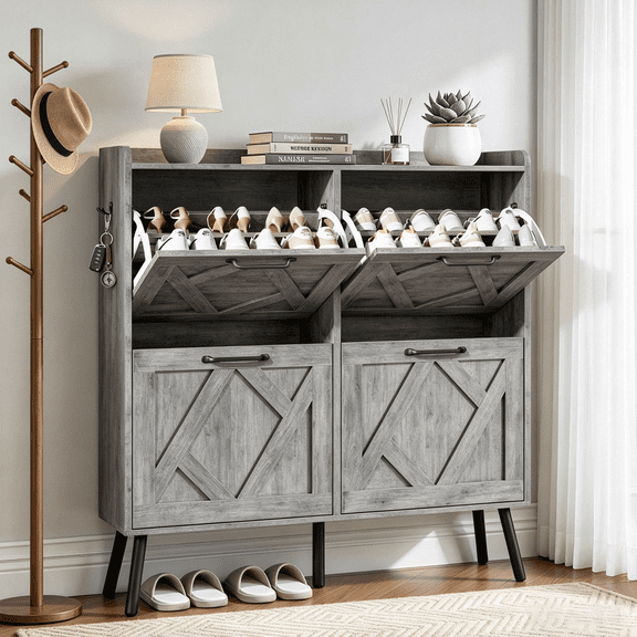 Skyhill Shoe Cabinet with 4 Flip Drawers,Farmhouse Shoe Storage Organizer for Entryway,Gray