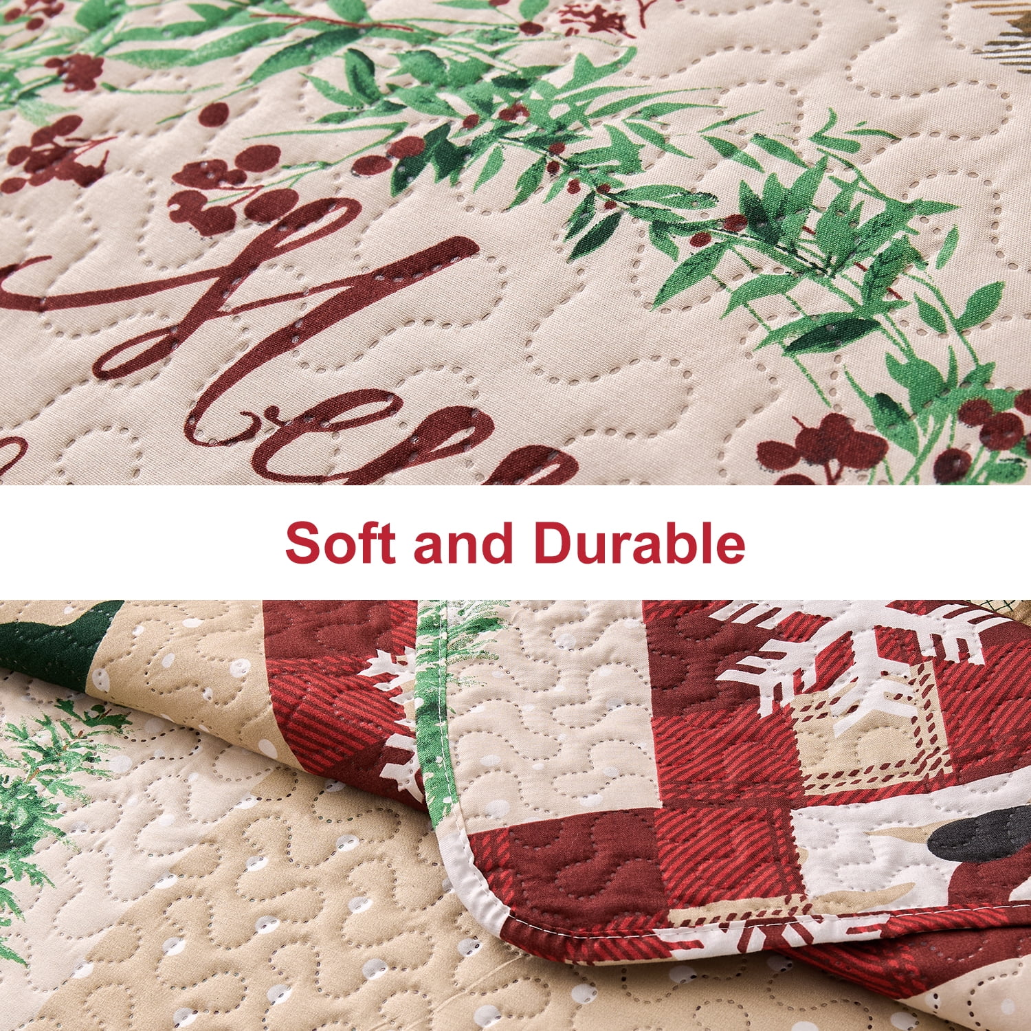 Smuge Christmas Quilt Sets Twin Size Deer Bedding Sets Snowflake Wreath Xmas Bedspread Lightweight Coverlet with 2 Pillow Shams, Red Beige Green