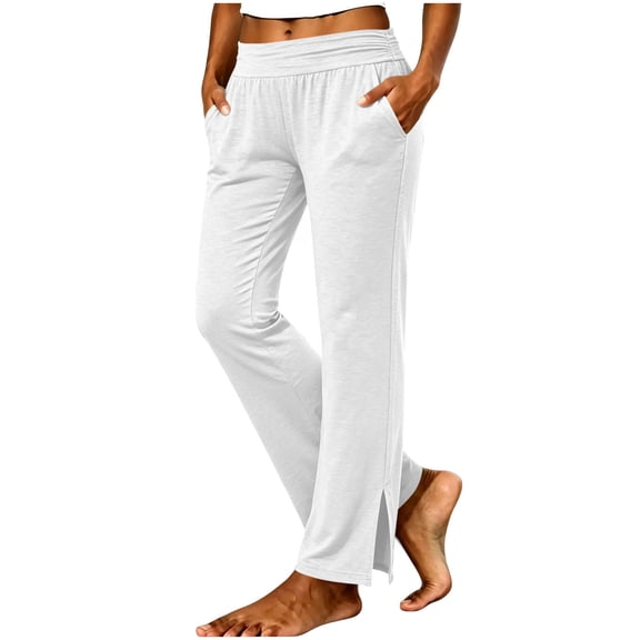 Fnooota Women's Straight Leg Pants, Stretchy Casual Elastic Waist Side Slit Hem Trousers with Pockets White Size L