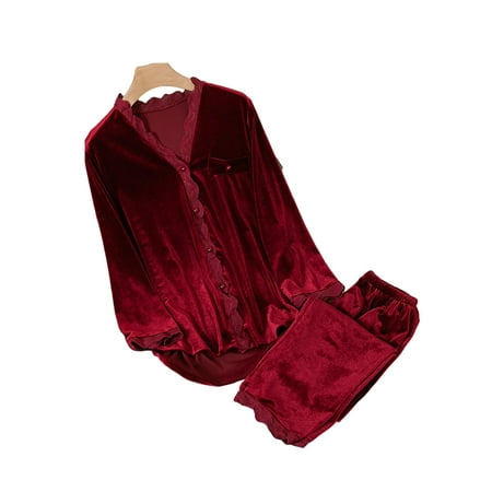

Grianlook Women Pajamas Sets Velvet Sleepwear Lace Trim Nightwear Ladies Two Pieces Outfits Lounge Set Casual Elastic Waist Wine Red M