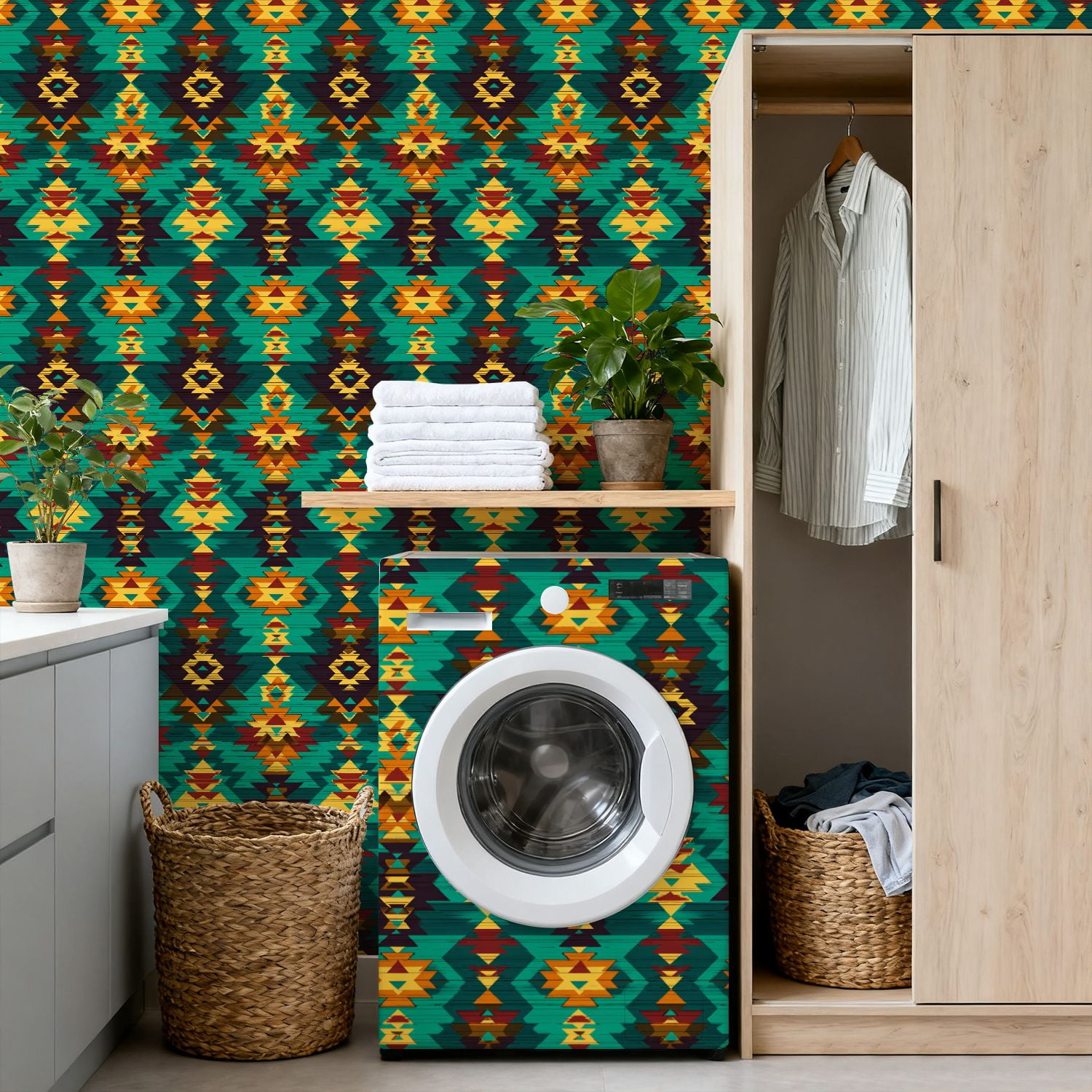 Aztec Peel and Stick Wallpaper Geometric Tribal Vibrant Colors Bold Shapes Wall Mural 17.7in x 9.8ft Self Adhesive Removable Wall Paper Renter Friendly Wallpaper for Nursery Bedroom Cabinets