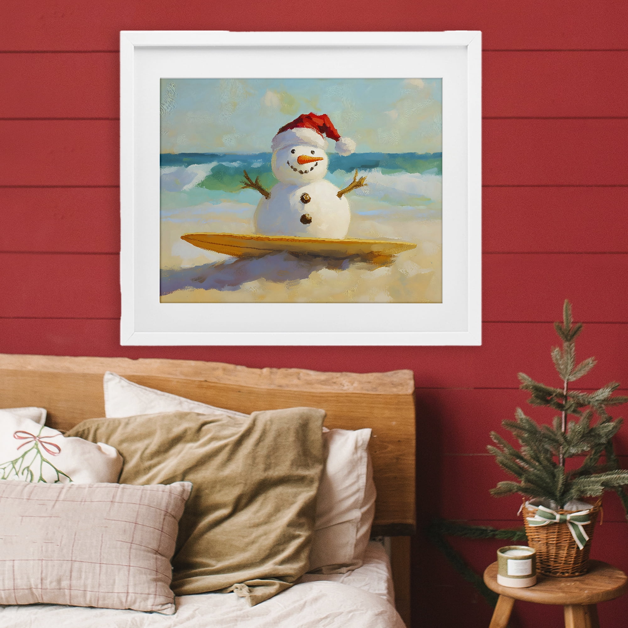 Stupell Industries Surfer Snowman on Beach White Framed Print Under Glass, design by The Prints Vibe
