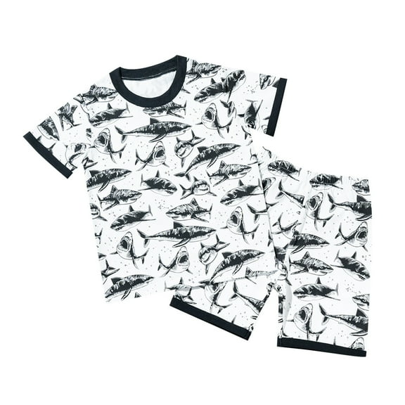 Hienoo Toddler Boys Summer Outfits Shark Print Short Sleeve T-Shirt Shorts Set, Sizes 2-8