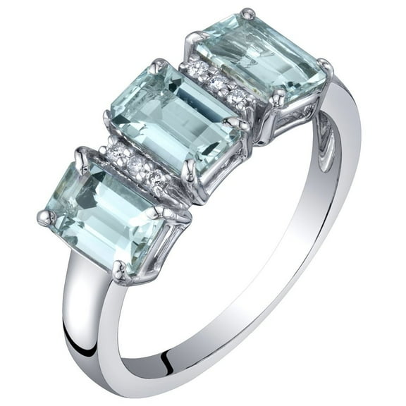 PEORA Aquamarine and Diamond Three Stone Ring for Women 14k White Gold, Genuine Gemstone, 1.50 Carats total Emerald Cut 6x4mm, Size 6
