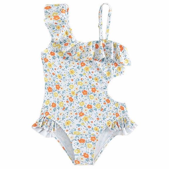 LNMQLPDBS Girls Swimsuit Summer Cute Floral Printed Layered Ruffle Trim Sleeveless One Piece Swimsuit with Cut-Out Sides Girls Swimsuit Size 6 Bikini for Kids Trendy Beach Bathing Suits