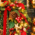 thumbnail image 3 of 24 Inch Lighted Christmas Wreath with Red Berries, Pine Cones, Gold Stars and Red Green Ribbon, Battery Operated Holiday Front Door Decor, 3 of 9