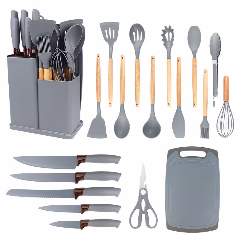 GRAY, variant on 19 Piece Kitchen Utensils Set, Knife and Kitchen Utensils Set, Silicone Spatula Set with Wooden Handle
