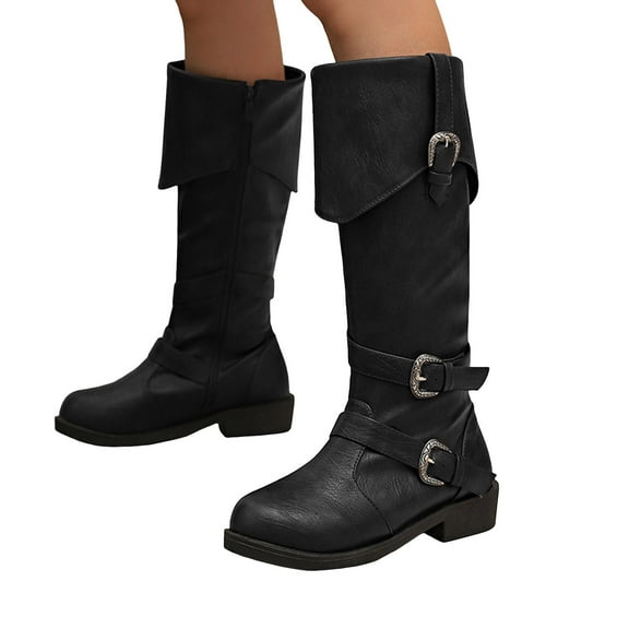 Rokment Vintage Wide Calf Knee High Riding Boots for Women Retro Casual Leather Buckles Mid Heel Foldver Tall Boots Black Size 6
