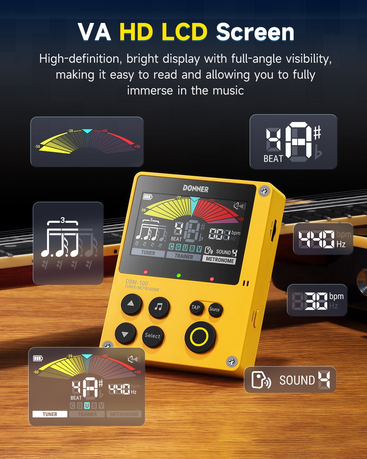 Donner Digital Metronome Tuner 3-in-1 For Guitar, Violin, Ukulele, Piano, Flute & All Instruments, Yellow