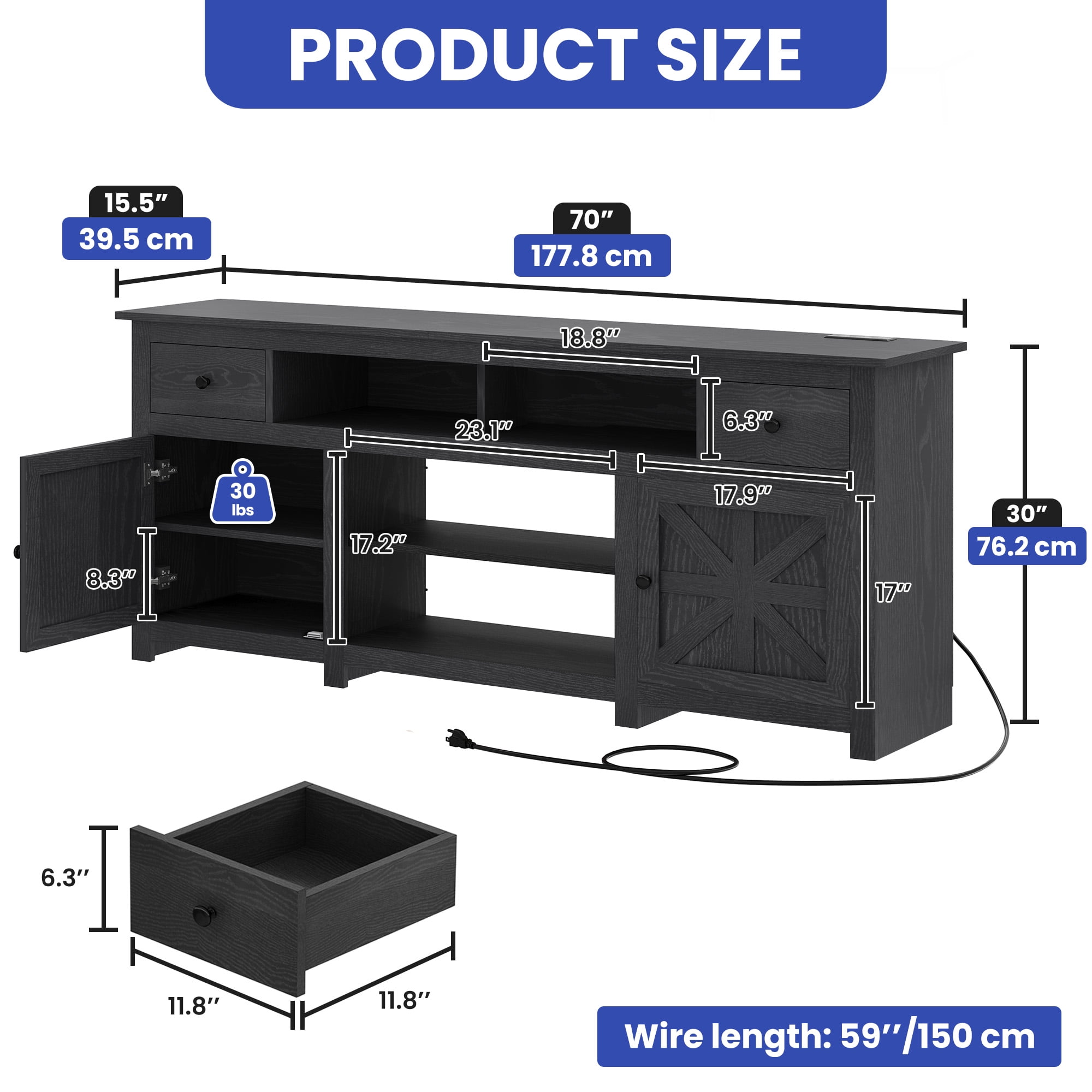 Uforic Farmhouse TV Stand for 75/80 Inch TV, Rustic Entertainment Center with Power Outlet, Storage Drawers, TV Console for Living Room, Black
