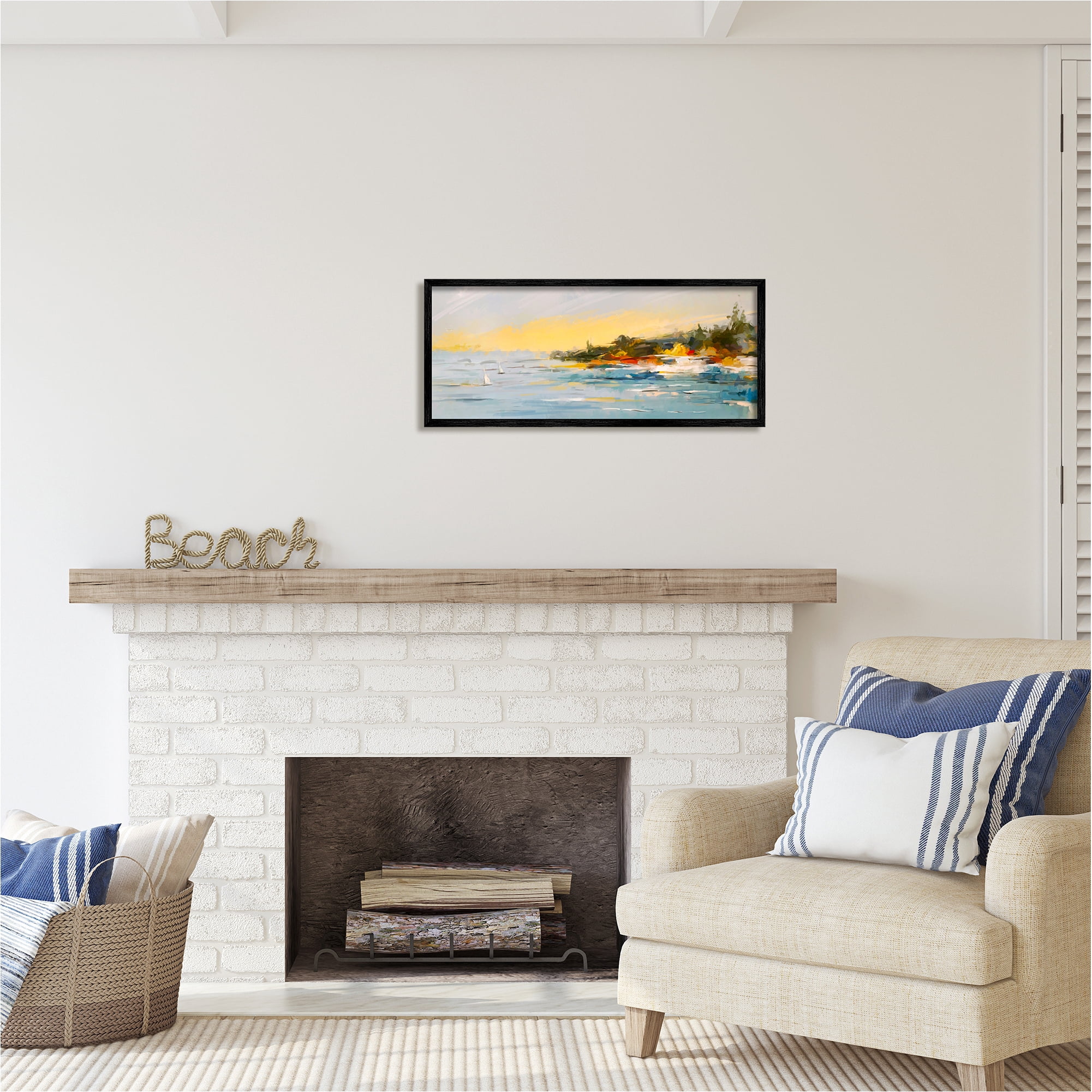 Stupell Industries Boats Ocean Scenery Landscape Painting Black Framed Art Print Wall Art, 30 x 13