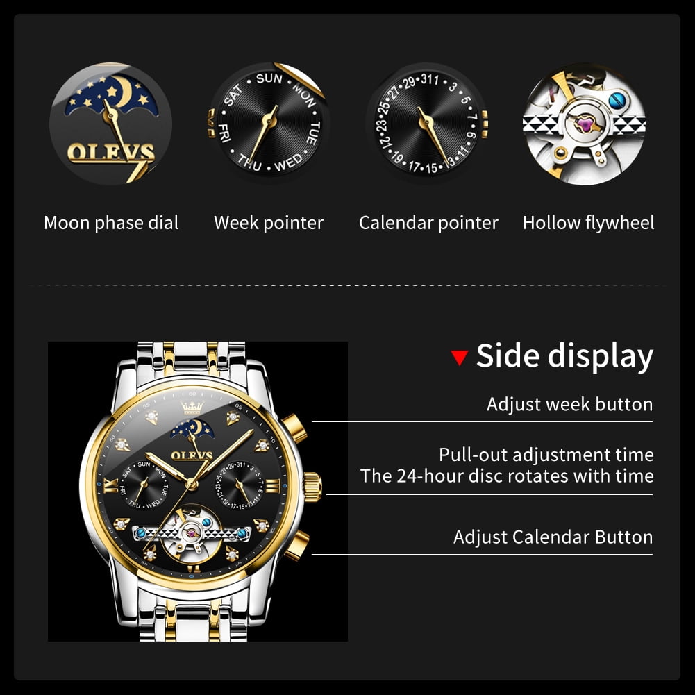 OLEVS Automatic Watches for Men Self Winding Mechanical Skeleton Flywheel Chronograph Luxury Dress Stainless Steel Diamond Moon Phase Waterproof Luminous Mens Wrist Watches Reloj Para Hombre