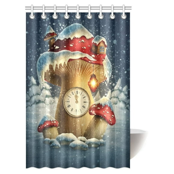 BSDHOME Mushroom Shower Curtain, Mushroom Houses with a Clock in Forest Fairy Tale Fantasy Wonderland Kid Nursery Theme Fabric Bathroom Decor Set with Hooks, 48 X 72 Inches