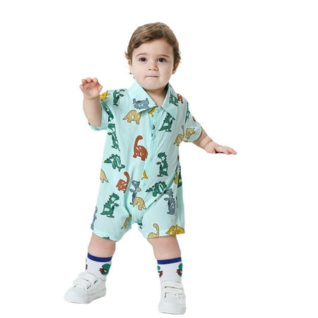 

Kishawna Toddler Boys Dinosaur Print Turn-Down Collar Short Sleeve Jumpsuit Rompers