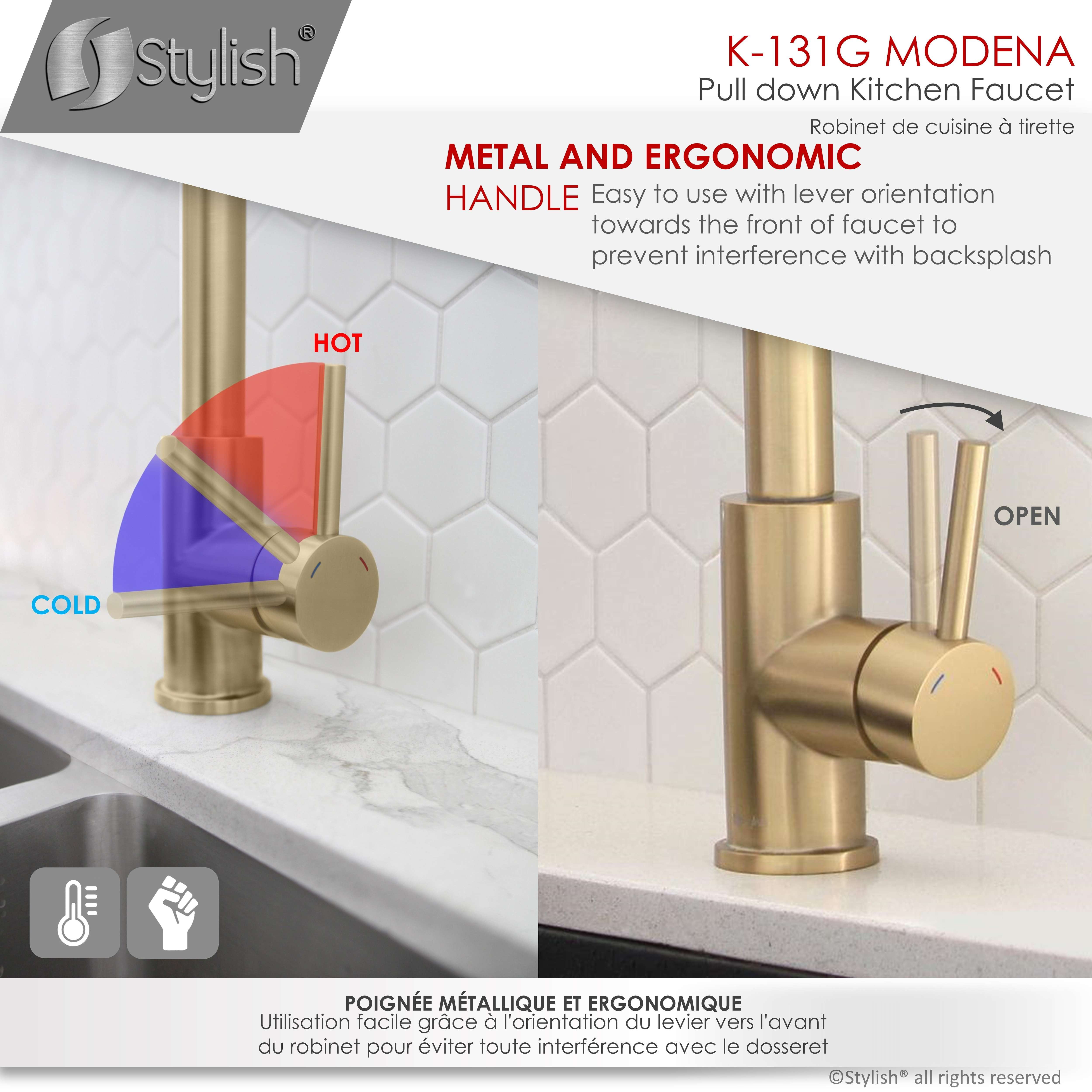 Stylish Modena Ht 14" Brushed Gold Single Handle Pull Down Kitchen Faucet K-131G