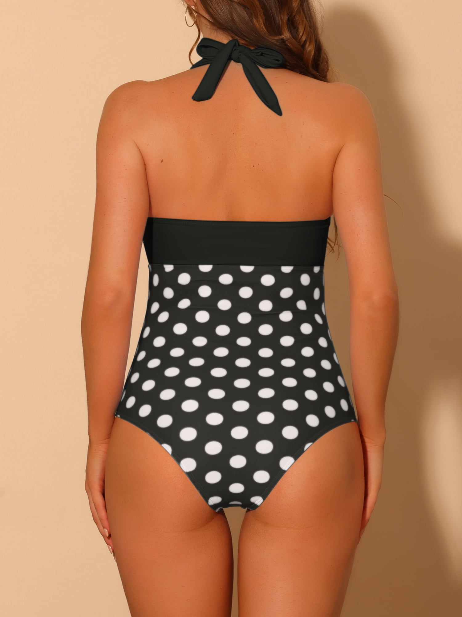 DARING DIVA Halterneck Polka Dot Tummy Control Swimsuit M Black