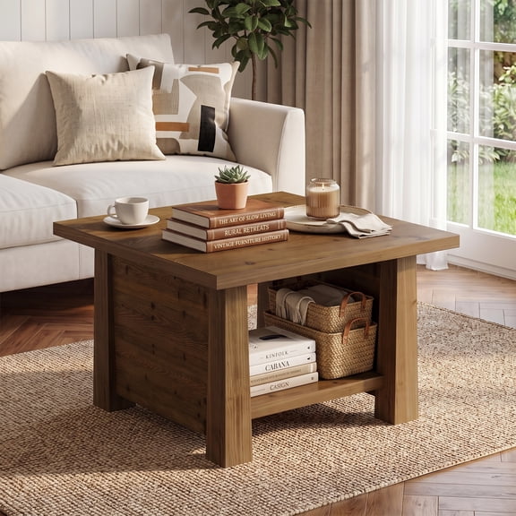 Fnova 31.5" Square Coffee Table, Solid Wood Farmhouse Center Table with 2-Tier Storage Shelf, Rustic Brown for Living Room, Apartment, Office