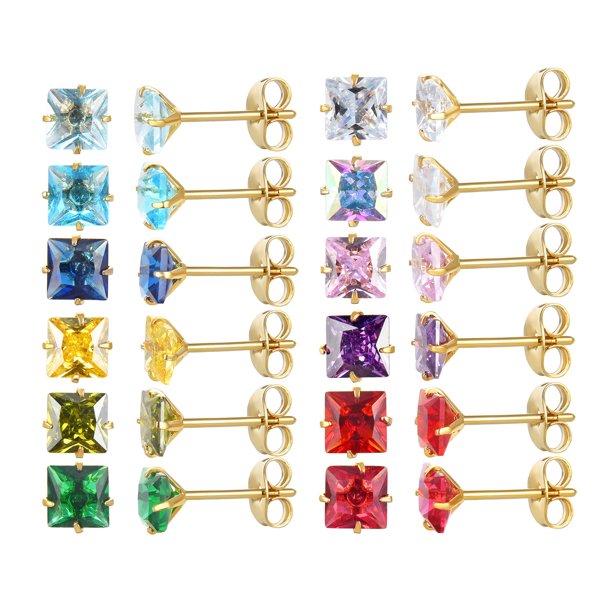 12 Pairs 18K Gold Plated Surgical Stainless Steel Stud Earring, Square
