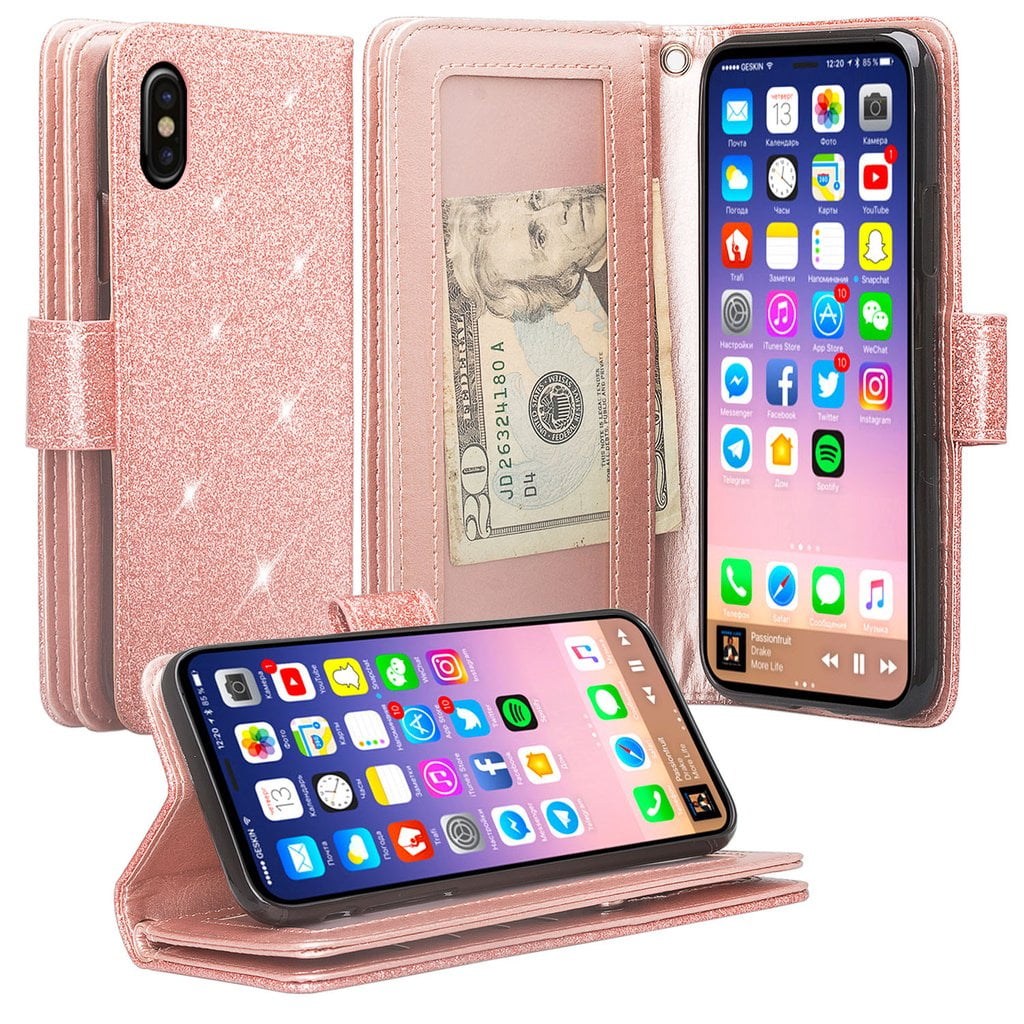 Gold GORASS case for Apple iPhone X/iPhone Xs PU Leather Wallet Case Flip Cover with Kickstand Card Holder Card Slots Compatible with iPhone X/iPhone Xs 