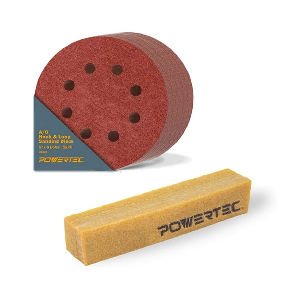 POWERTEC 50PK Assorted 5 Inch 8 Hole Hook and Loop Sanding Discs & Abrasive Cleaning Stick Set, 40 Grits Sandpaper for Random Orbital Sanders (45057)