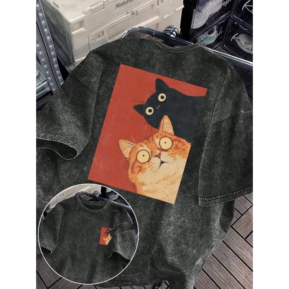 Funny Black And Orange Cat Graphic Vintage Oversized Washed High Street Grunge Y2K Short Sleeve Crewneck Cotton Unisex Men's Women's Tee Shirt