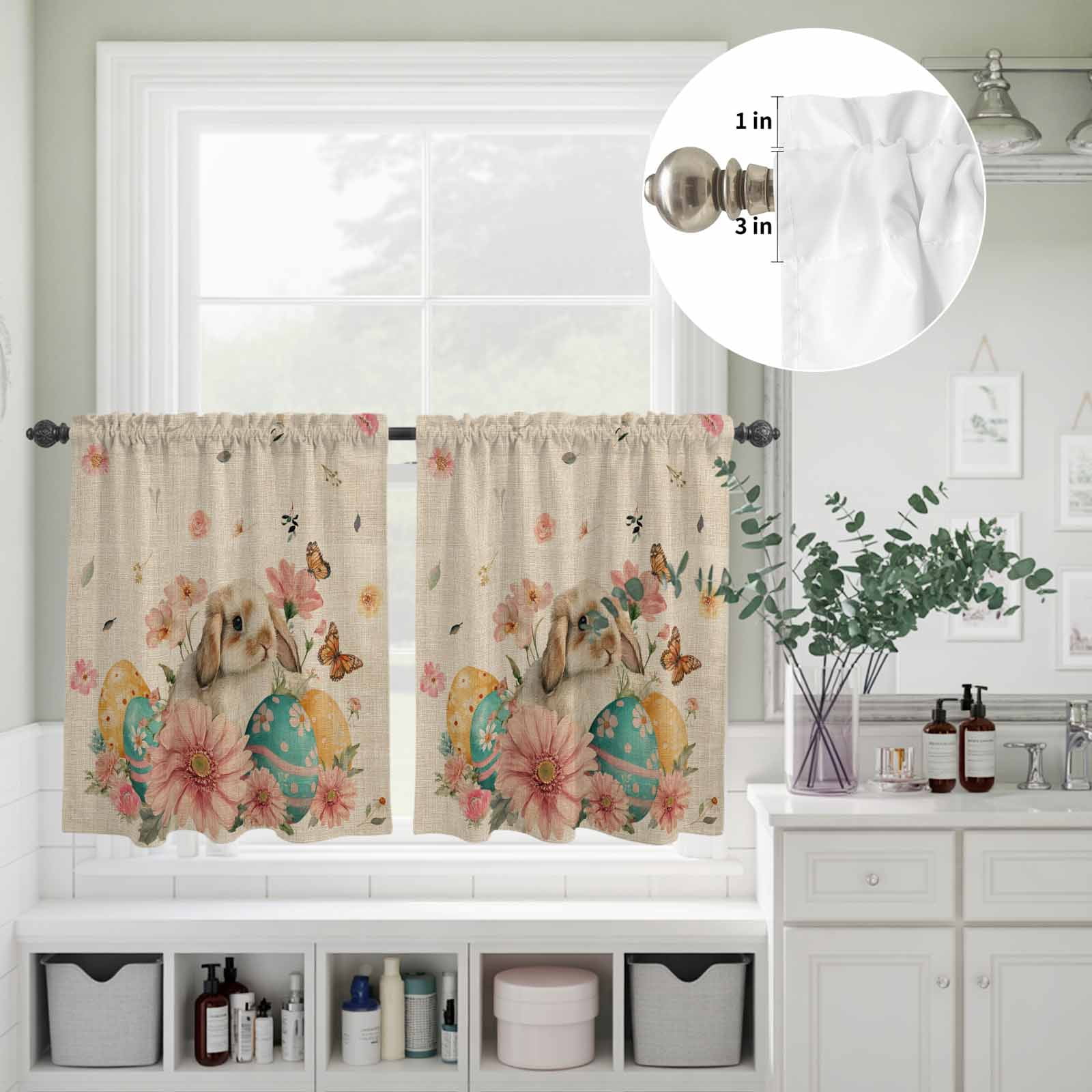 Easter Rabbit Kitchen Curtains Valances 3 Piece Set, Watercolor Eggs Pink Floral Butterfly Linen Texture Rod Pocket Tier Curtain and Valance Drapes for Small Window 24 Inch Length for Bedroom Cafe