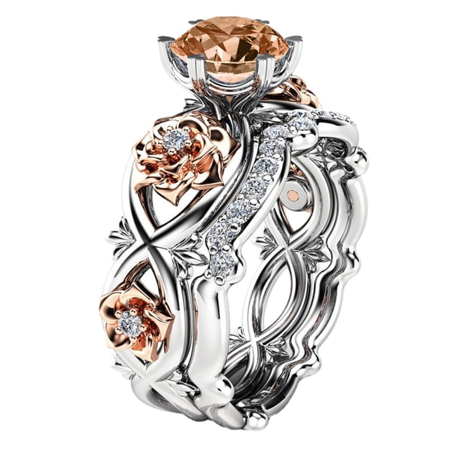 Conjunto de anillo doble de diamantes de imitación de rosa a la moda, anillo Floral encantador de acero inoxidable, joyería para mujeres y niñas adolescentes Wmkox8yii fajkfhkj3337