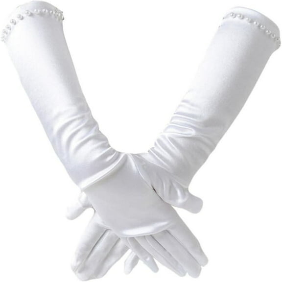 11.81" Flower Girl Pearl Long Satin Gloves Communion Birthday Wedding Glovesfor 6-10yrs