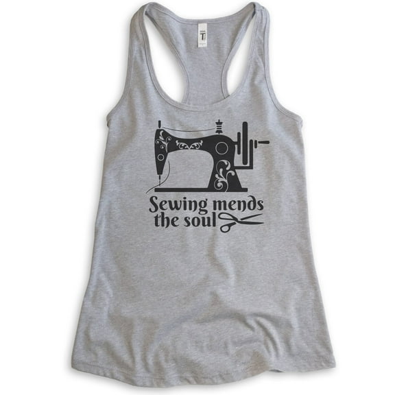 Sewing Mends The Soul Tank Top, Ladies Racerback Tank Top, Crafting Tank, Sewing Tank, Sewing Machine Tank, Heather Gray, Medium