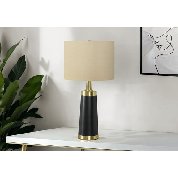 Noaman 28" Table Lamp, Black Metal Base with Gold Accents & Beige Linen Shade, 3-Way Rotary Switch, 100W Max, Contemporary Lighting for Living Room, Bedroom, or Office