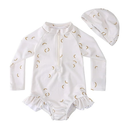 QWIED Swimsuit for Girls Toddler Kids Floral Summer Sunscreen Long Sleeve Ruffle One Piece Tankini with Cute Swimming Cap 2 Pack Swimwear Swim Suit Size 3-4