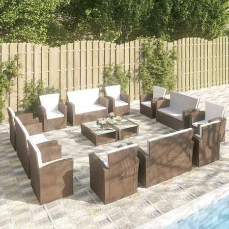 Anself 16 Piece Patio Lounge Set with Cushions 2-Seater Sofas and 4 Tables  8 Armchairs Conversation Set Poly Rattan Brown Outdoor Sectional Sofa Set for Garden  Balcony  Yard  Deck  Lawn