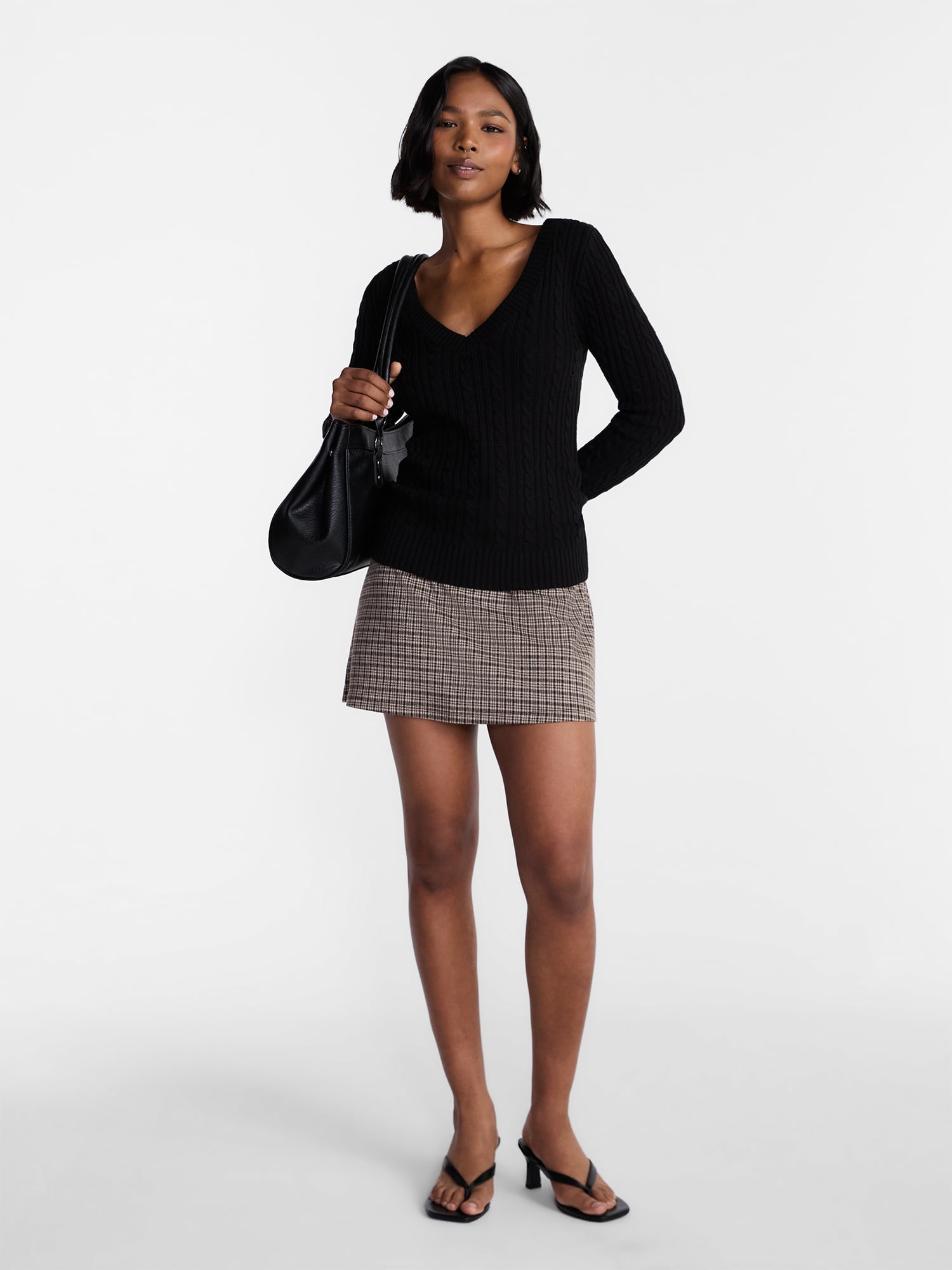 No Boundaries V Neck Cable Sweater, Women's and Women's Plus XXS-4X