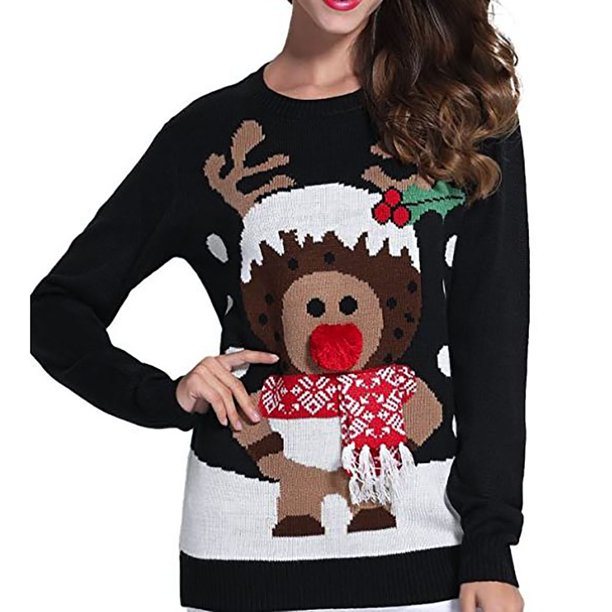 Gibobby Suéter Navidad mujer de cuello redondo de animados sueltos para mujer, suéter de Navidad, suéter de punto de invierno(Negro,XG)