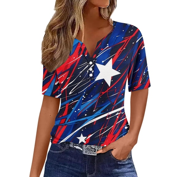 American Flag Tops Womens Button V Neck Short Sleeve Shirts Independence Day Patriotic Tee Shirt Fashion USA Flag Star Stripes T-Shirts Memorial Day Tunic Loose Comfy Blouses Summer Outfits