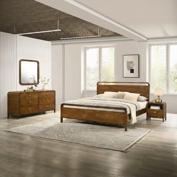 Roundhill Furniture Eldren Wood Bedroom Set, King Platform Bed with Dresser, Mirror, and Nightstand in Walnut Finish