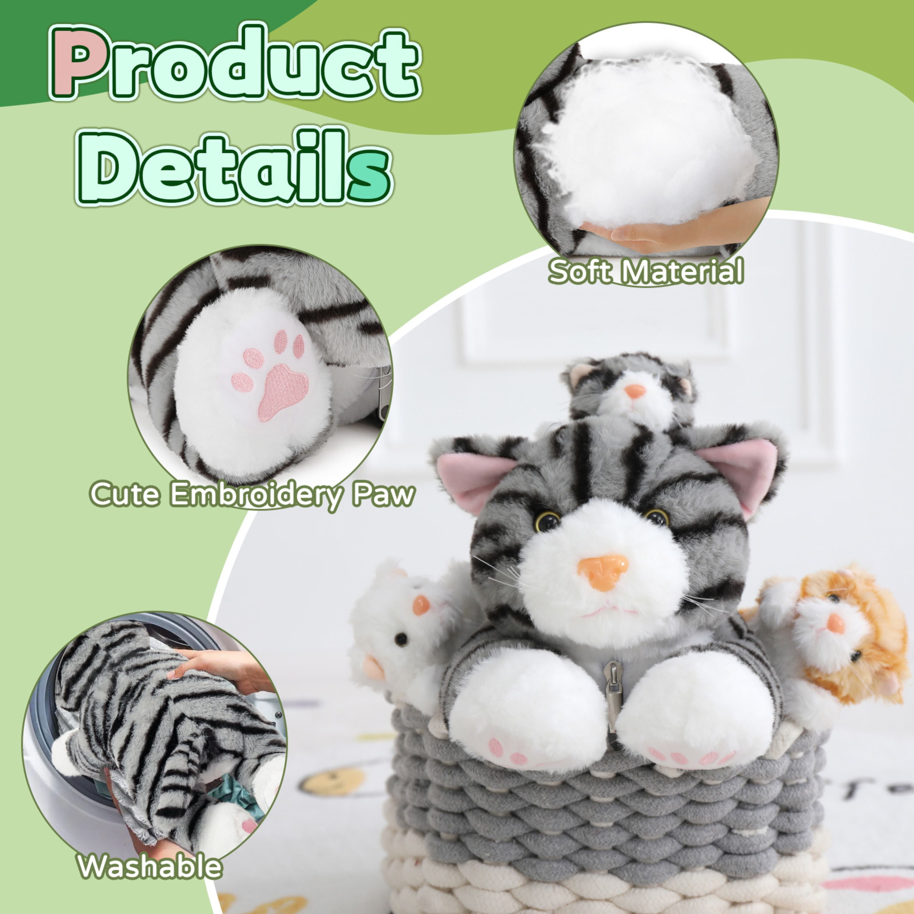 Tezituor 4Pcs Cat Stuffed Animal 16.5" Giant Cat Plush with 3 Babies Plush Toy