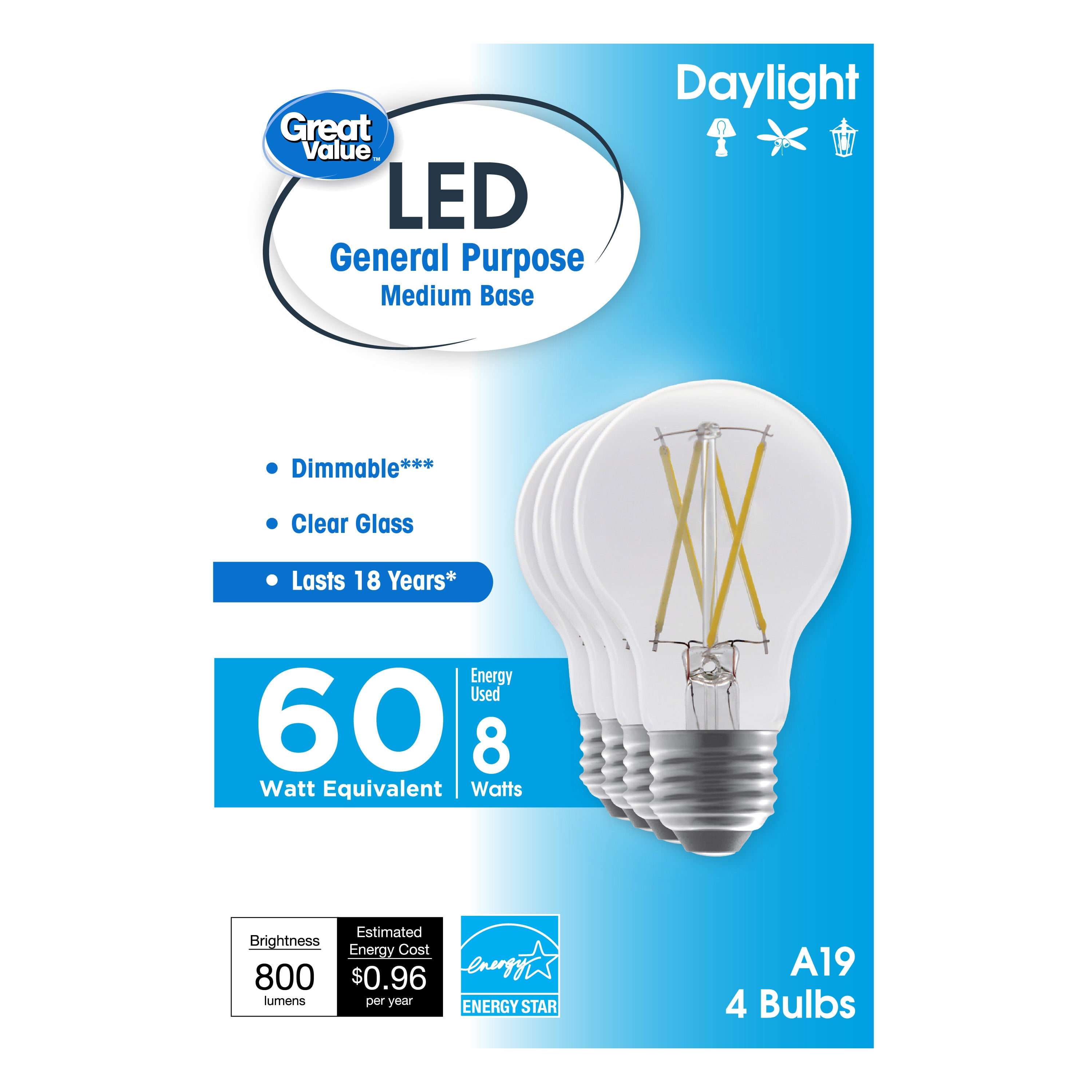 Great Value 18 Year LED Light Bulbs, A19 60 Watts Equivalent, 8 Watts Efficient, Dimmable, Daylight Clear Glass, 4 Pack